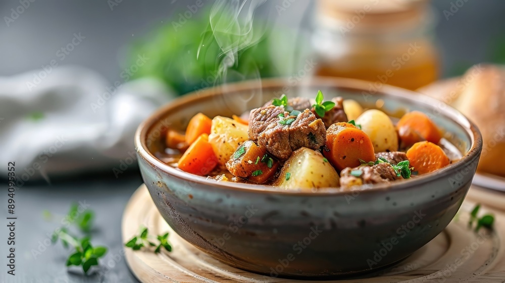 A steaming bowl of Irish stew with tender lamb, potatoes, carrots, and onions. A steaming bowl of Irish stew with tender lamb, potatoes, carrots, and onions.