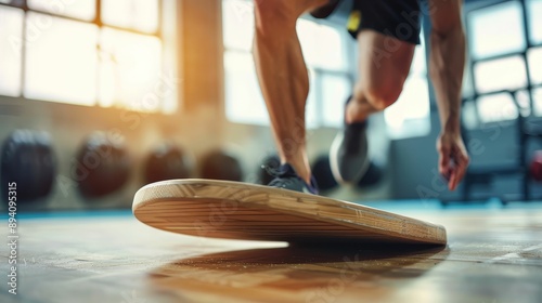 Man balancing on an Indo Board while doing arm exercises, stability, photo