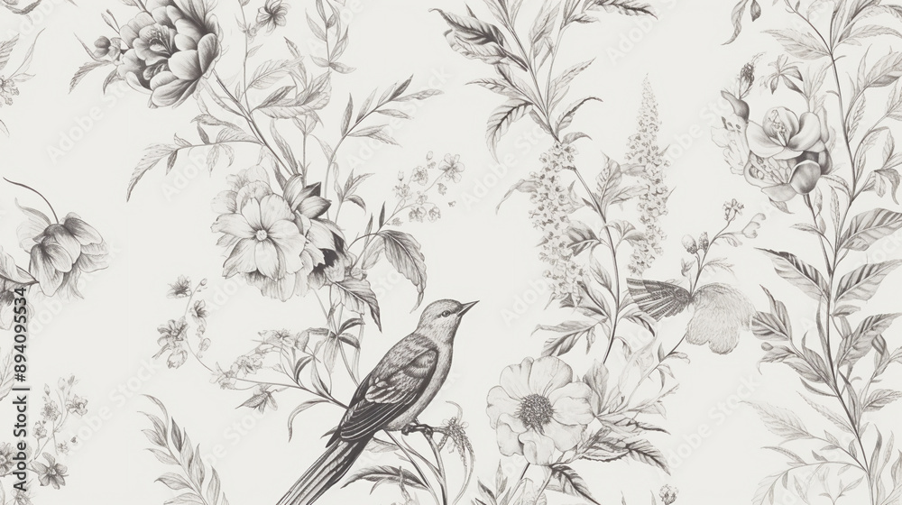  A delicate hand-drawn pattern of botanicals and birds, arranged in an elegant combination with subtle shading for depth. floral line art, floral patterns, seamless patterns, large flowers, background