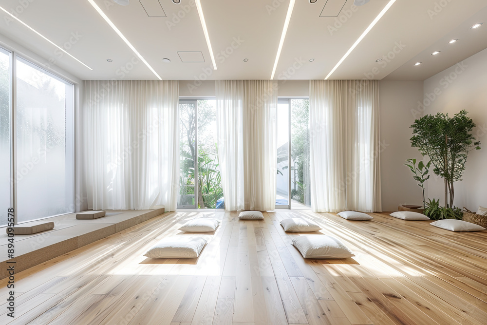 Yoga space meditation area, calm zen space to meditate, calming background sunlight, yogi relaxing studio, relax, generated ai Yoga space meditation area, calm zen space to meditate, calming background sunlight, yogi relaxing studio, relax, generated ai