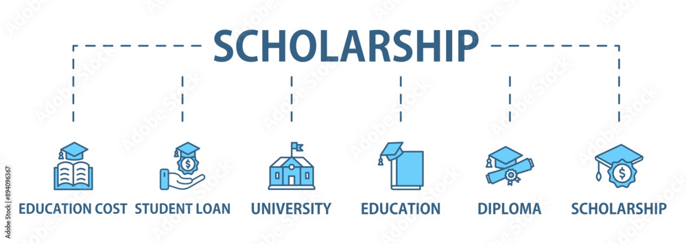 Scholarship banner web icon set vector illustration concept with icon of education, diploma, university, education cost, scholarship, loan student Scholarship banner web icon set vector illustration concept with icon of education, diploma, university, education cost, scholarship, loan student