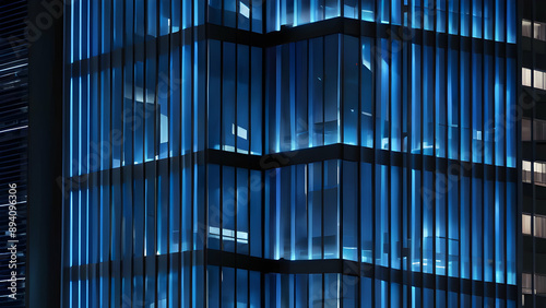 Wallpaper Mural Seamless skyscraper facade with blue tinted windows and blinds at night, modern abstract office building background texture with glowing lights against dark black exterior walls Torontodigital.ca