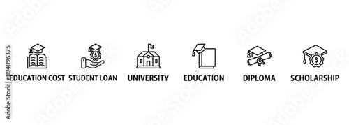 Scholarship banner web icon set vector illustration concept with icon of education, diploma, university, education cost, scholarship, loan student