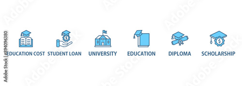 Scholarship banner web icon set vector illustration concept with icon of education, diploma, university, education cost, scholarship, loan student