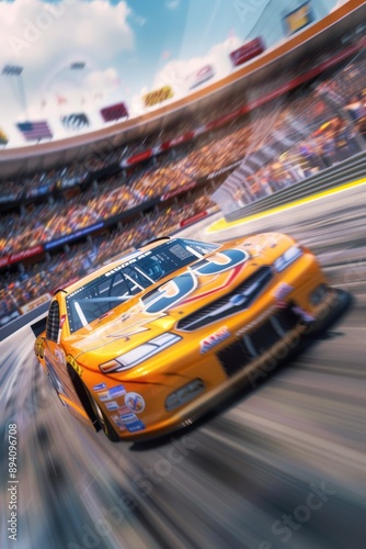 Close-up of a NASCAR car speeding towards the finish line, blurred background of the track, excited crowd, Portrait close-up, hyper-realistic, high detail, photorealistic, studio lighting, Key Light,