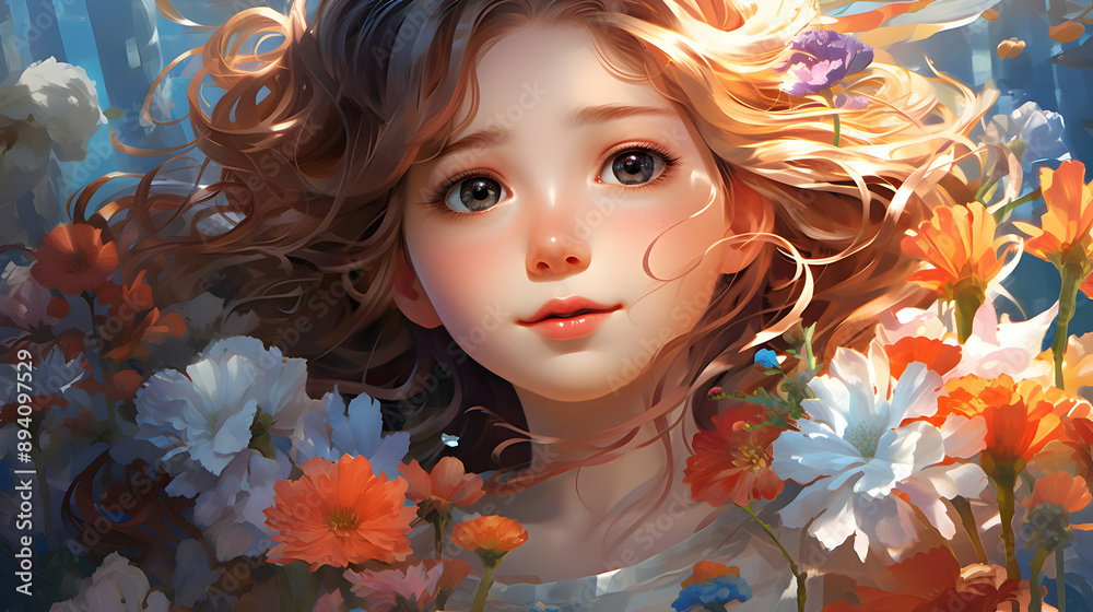 Girl in a Field of Flowers Illustration