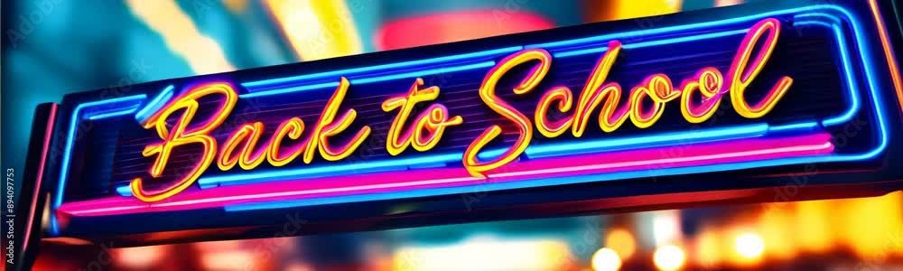 neon sign billboard with the words Back to school glowing in blue and pink against a blurred background of warm bokeh lights. Copy space template web site banner neon sign billboard with the words Back to school glowing in blue and pink against a blurred background of warm bokeh lights. Copy space template web site banner