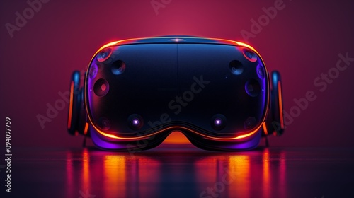 Futuristic VR Headset Displaying Neon Lights in Dark Studio Setting with Reflections