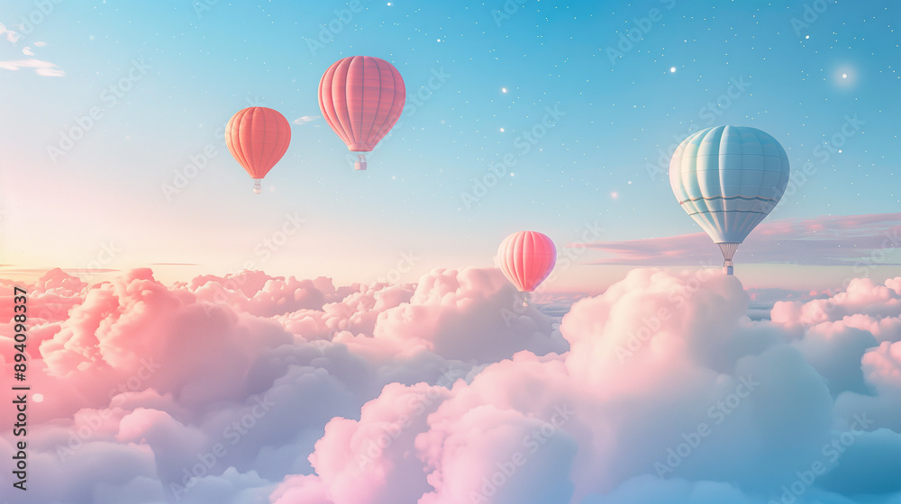 Fototapeta premium Hot air balloons floating above clouds at sunrise
