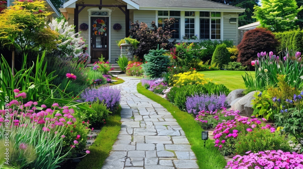 Beautifully arranged front yard garden with a mix of flowers, shrubs, and a welcoming pathway Beautifully arranged front yard garden with a mix of flowers, shrubs, and a welcoming pathway