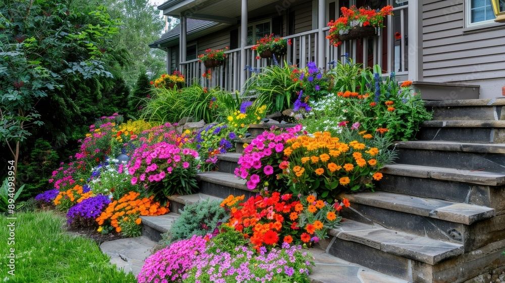 Colorful annuals and perennials arranged in a tiered garden bed, creating layers of vibrant blooms Colorful annuals and perennials arranged in a tiered garden bed, creating layers of vibrant blooms