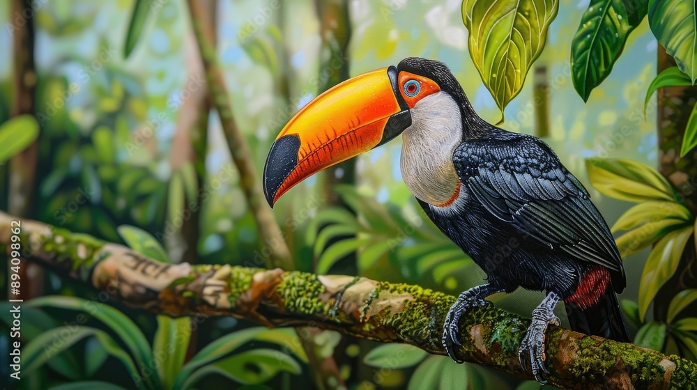 Obraz premium Colorful toucan perched on a branch in the rainforest, highlighting its unique beak and vibrant plumage