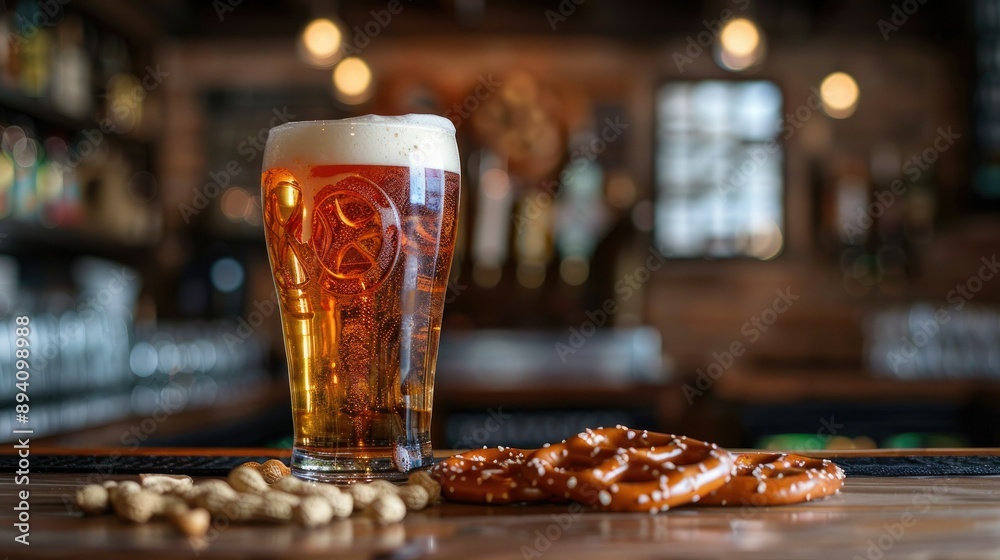Craft beer in a pint glass with a foamy head, on a bar counter with pretzels and peanuts