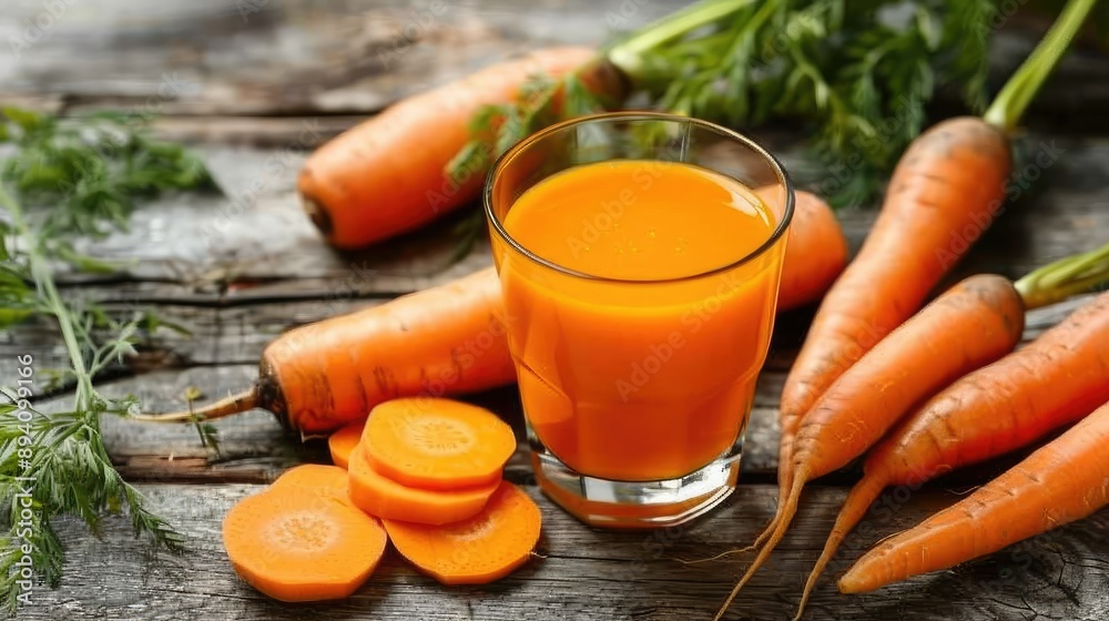 Fresh carrot juice in a glass with whole and sliced carrots on a rustic wooden table Fresh carrot juice in a glass with whole and sliced carrots on a rustic wooden table