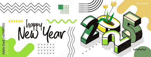 happy new year 2025 text design with modern calligraphy plants background style. Creative Greeting card banner for 2025 clean energy colorful vegan green yellow lines. Isometric Vector illustration.