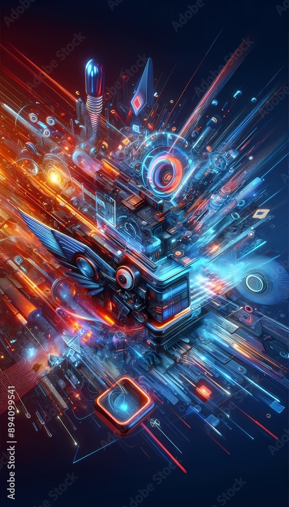 Abstract technology background with glowing lines and colorful lights, c Abstract technology background with glowing lines and colorful lights, c
