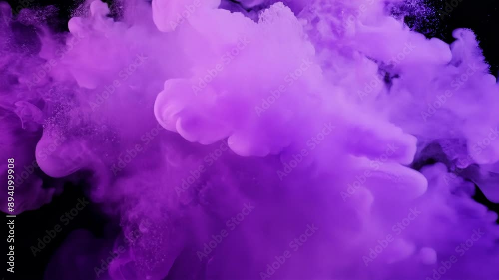Close-up: Vibrant purple powder explodes in slow motion against black background. Camera zooms into swirling particles, revealing intricate details of expanding cloud. 
