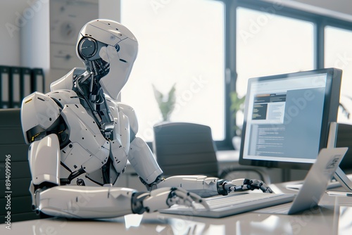 Robot at computer in modern office, showcasing AI in professional environments