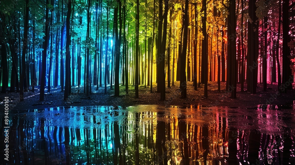 Obraz premium A forest with trees made of glass reflecting vibrant colors