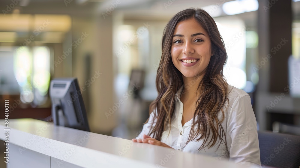 latina receptionist, smiling