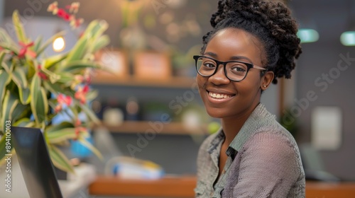 black receptionist, smiling