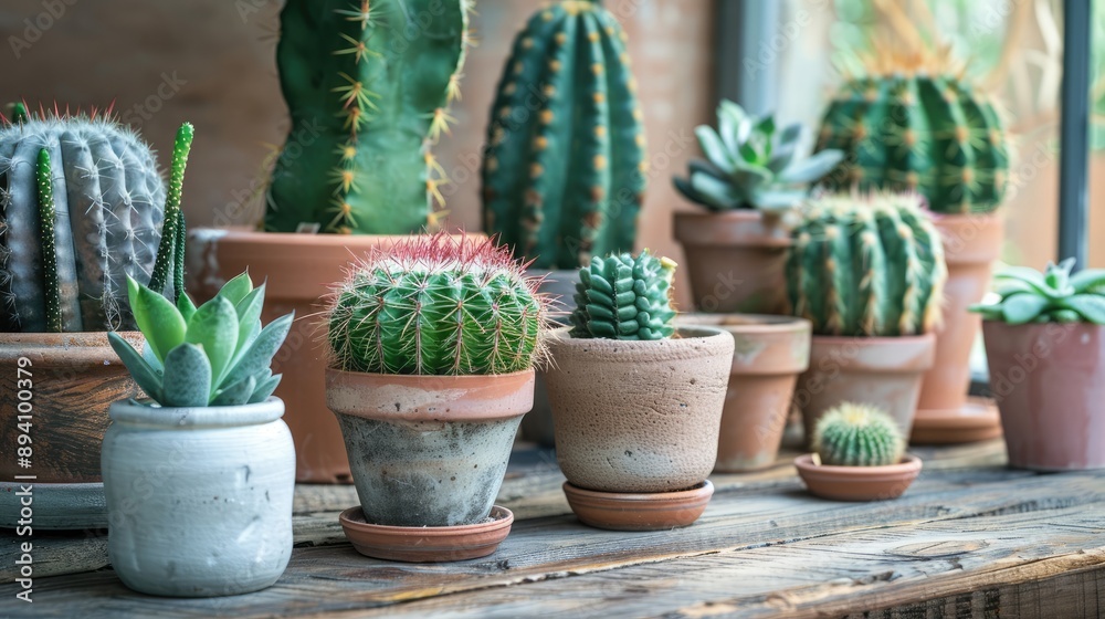 Fototapeta premium Different cacti and succulent plants in pots on wooden table