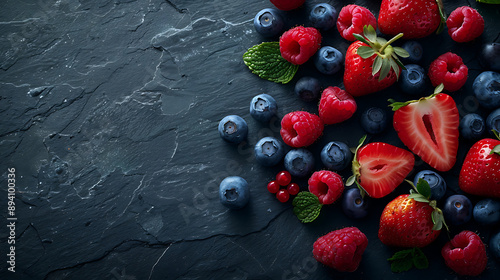 A flat lay arrangement of fresh strawberries, blueberries, and raspberries on a dark slate background, high resolution 