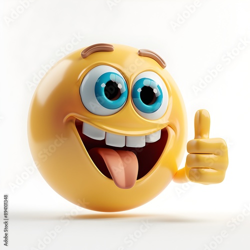 A cute, funny emoji face, blue eyes and tongue sticking out; giving thumbs up; white background