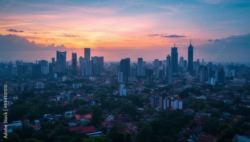 Fototapeta premium Panoramic Jakarta skyline with urban skyscrapers in the afternoon Jakarta Indonesia