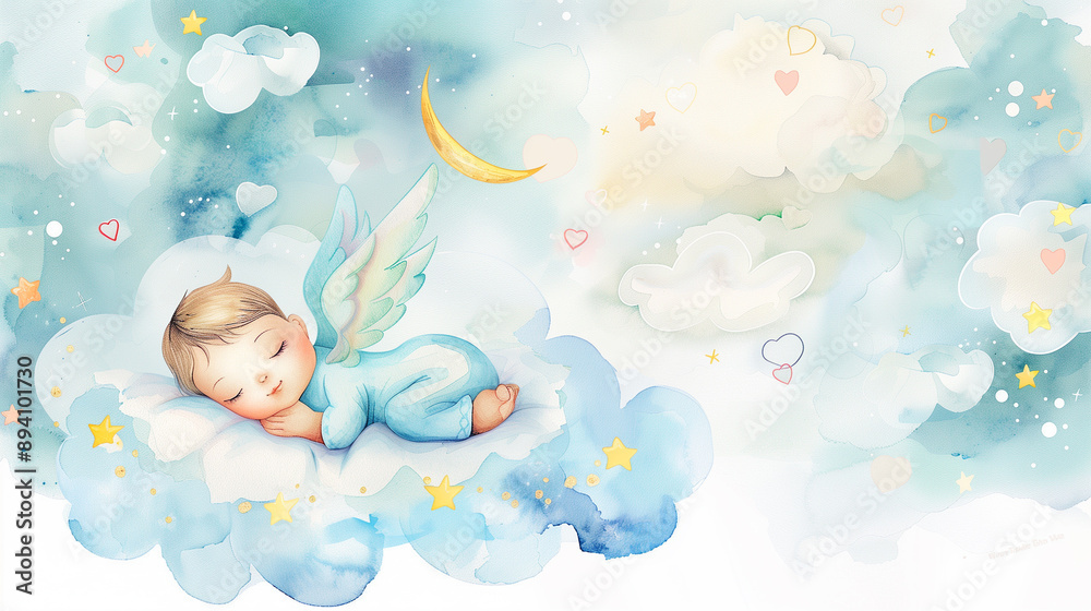 Angelic Baby Sleeping on a Cloud with Stars and Moon Angelic Baby Sleeping on a Cloud with Stars and Moon