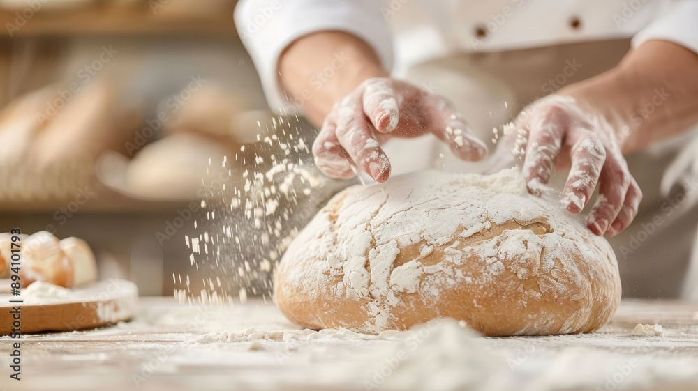A seasoned chef kneads dough on a rustic wooden table. A seasoned chef kneads dough on a rustic wooden table.
