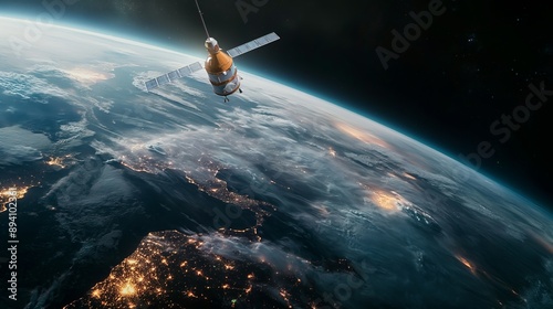 Satellite Orbiting Earth: Night Lights of Europe and Africa in the Foreground photo