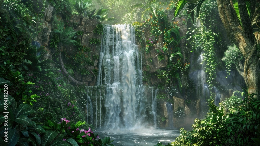 A waterfall cascading into an infinite void surrounded by lush greenery A waterfall cascading into an infinite void surrounded by lush greenery