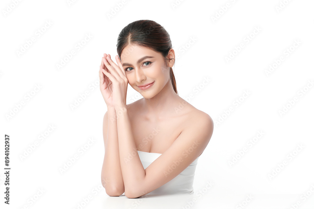 Beautiful young asian woman with clean fresh skin on white background, Face care, Facial treatment, Cosmetology, beauty and spa, Asian women portrait.