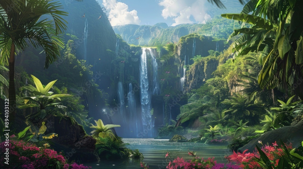 A waterfall cascading into an infinite void surrounded by lush greenery