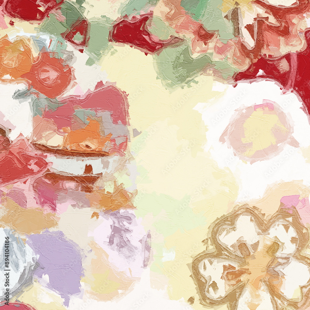 Fototapeta premium Oil paintings and various flowers, including cats, dogs, roses, peonies, chrysanthemums, monkeys, tropical leaves, tigers, and other beautiful animals