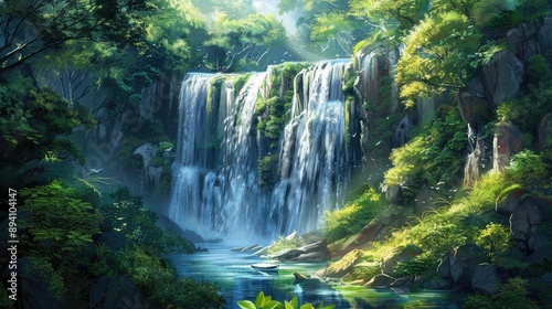A waterfall cascading into an infinite void surrounded by lush greenery