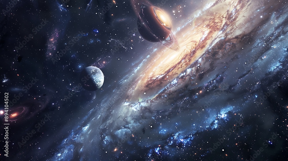 A vast, star-filled galaxy with swirling nebulae and distant planets A vast, star-filled galaxy with swirling nebulae and distant planets