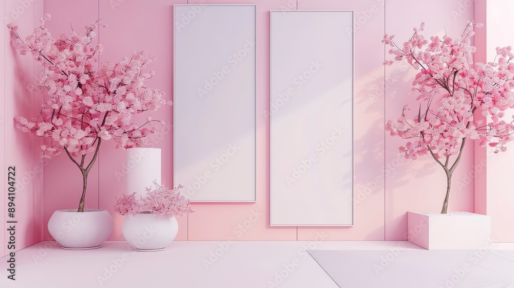 Minimalist wedding interior with blank posters and beautiful pink flowers on the walls Minimalist wedding interior with blank posters and beautiful pink flowers on the walls