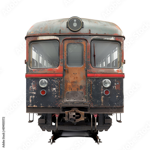 Front view of an old rusty train, showing worn-out metal and vintage design elements, isolated on a white background.