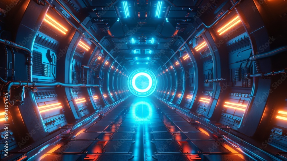 Sci-Fi Space Station with Blue Neon Tunnel, Round Light Corridor, and Glowing Portal Entrance, Highlighting Advanced Technology Concept Sci-Fi Space Station with Blue Neon Tunnel, Round Light Corridor, and Glowing Portal Entrance, Highlighting Advanced Technology Concept