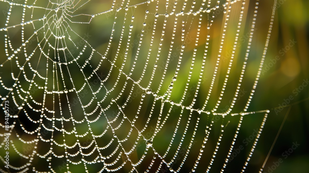 Naklejka premium Dew-Covered Spider Web in Morning Light