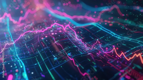 Abstract depiction of financial graphs and charts in neon colors