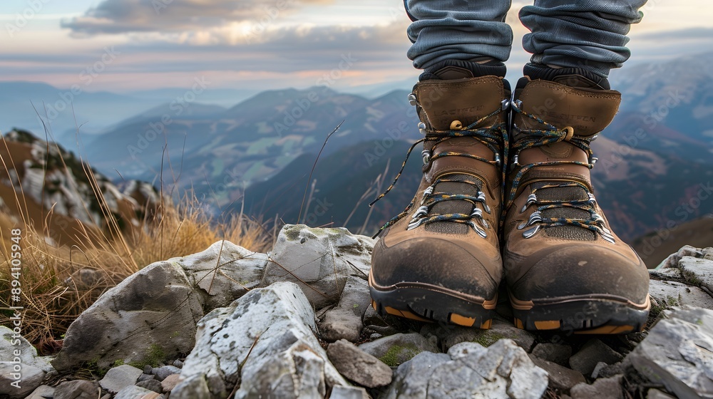 Hiking boots on rocky terrain with mountain landscape background, hiking, boots, rocky, terrain, mountain, landscape, outdoor, adventure, exploration, nature, wilderness, travel, footwear. 
