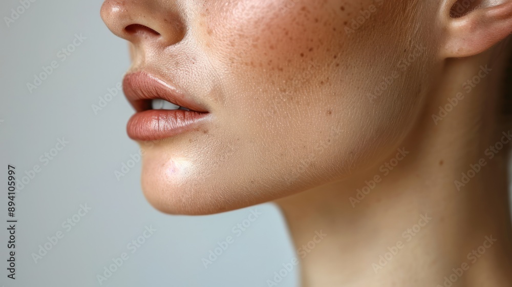 Obraz premium Close up of the neck and chin area of a woman in her late fifties with some wrinkles around her mouth.