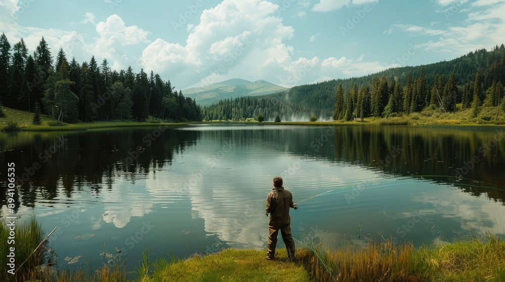 Tranquil Lakeside Fishing in Picturesque Forest Tranquil Lakeside Fishing in Picturesque Forest
