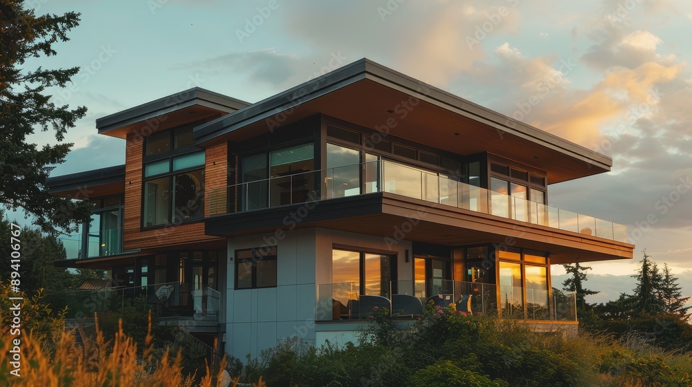 Modern Glass House at Sunset amidst Natural Scenery Modern Glass House at Sunset amidst Natural Scenery