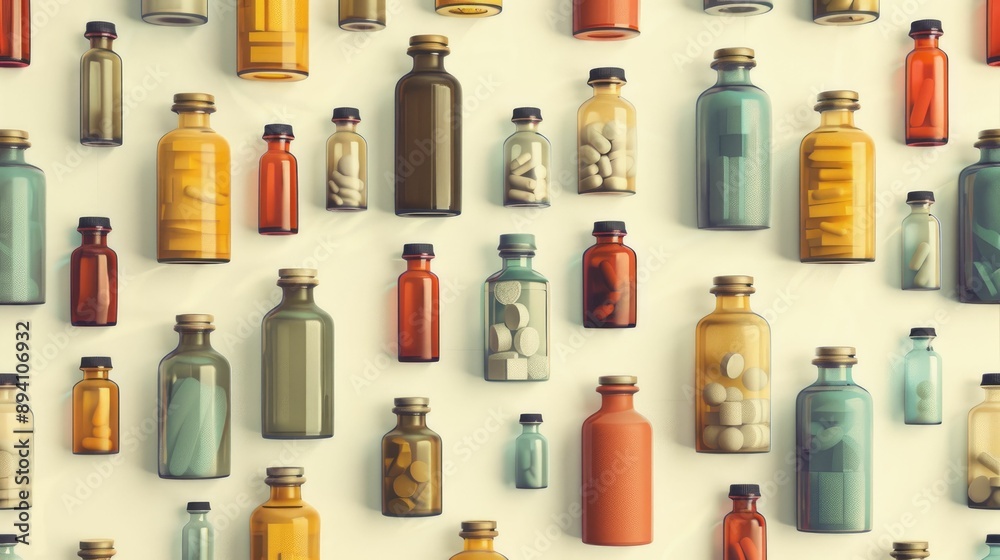 Abstract medicine bottles arranged in a geometric pattern