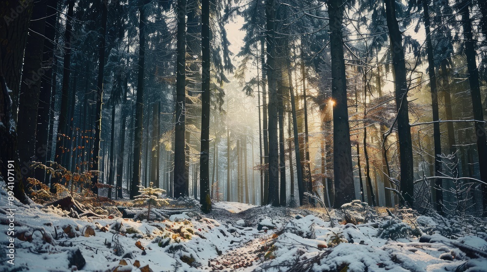 Naklejka premium Serene Winter Sunrise in Snowy Forest