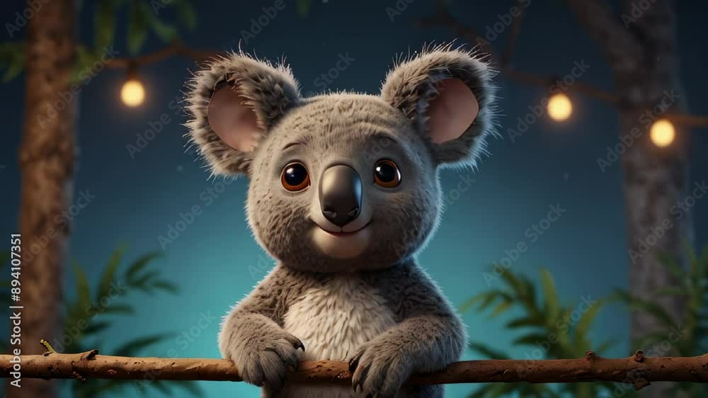 A koala sits on a branch at night with string lights illuminating the background A koala sits on a branch at night with string lights illuminating the background